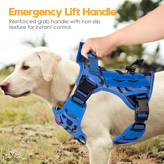 Heavy-Duty Tactical Dog Harness for Large Dogs, No Pull Adjustable Reflective Pet Vest with Molle System, K9 Military-Grade Control for Service Training, Outdoor & 10+ Breeds, Blue Camo, Small