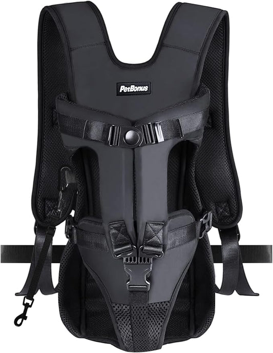 PetBonus Pet Front Dog Carrier Backpacks, Adjustable Pet Backpack, Legs Out Easy-fit Puppy Chest Carrier for Medium Small Dogs, Hands Free for Hiking, Cycling (Black, S)