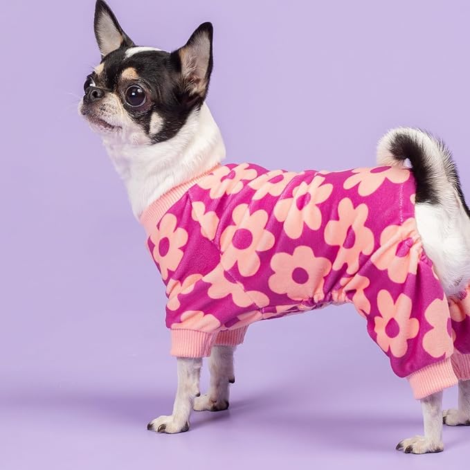 Fitwarm Flower Fleece Dog Pajamas, Warm Winter Dog Clothes for Small Dogs Girl, Cozy Pet Onesie with Feet, Pink, Large