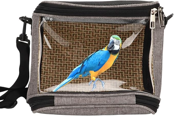 FLEXMAN Bird Carrier Bag, Portable Small Bird Travel Cage, Transparent Lightweight Breathable, Two Way Zipper Parrot Travel Cage with Side Pockets for Parrots, Birds, Hamsters, Small Lizards (Grey)