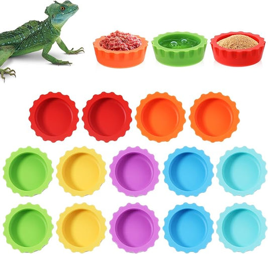 Reusable Small Reptile Food Dish, Crested Gecko Food and Water Feeding Cups, Easy Clean Silicone Small Capacity Worm Bowl, Gecko Tank Accessories (14 Pack, 7 Colors)