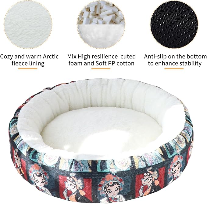 Circular Calming Dog & Cat Bed Anti-Anxiety Washable with Anti Slip Backing Donut Cuddler with Cute Jacquard Patterns for Cat and Small Puppy (Small-23in, Peking Opera)