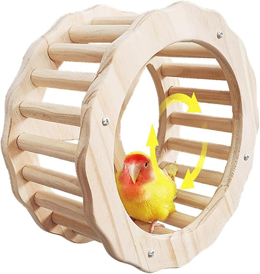Bird Stand Perch Toy,Interactive Rocking Parakeet Toy and Perch, Wooden Exercise Wheel Cockatiel Toy, Intelligence Puzzle Enrichment Toys,Bird Playground Play Stands for Conure Budgie(D)