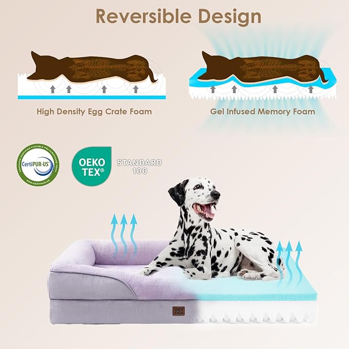 EHEYCIGA Memory Foam XXL Dog Bed for XLarge Sized, Extra Large Orthopedic Dog Sofa with Sides and Waterproof Liner, Washable Bolster Pet Couch with Removable Cover, 52x41x8 Inch, Purple