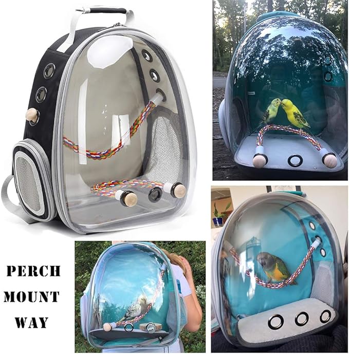 Bird Traval Carrier Cage, Clear Space Capsule Astronaut Backpack to Carry Parakeet Cockatiel Parrot with Metal Tray Wood Perch, Vet Transport Book Bag