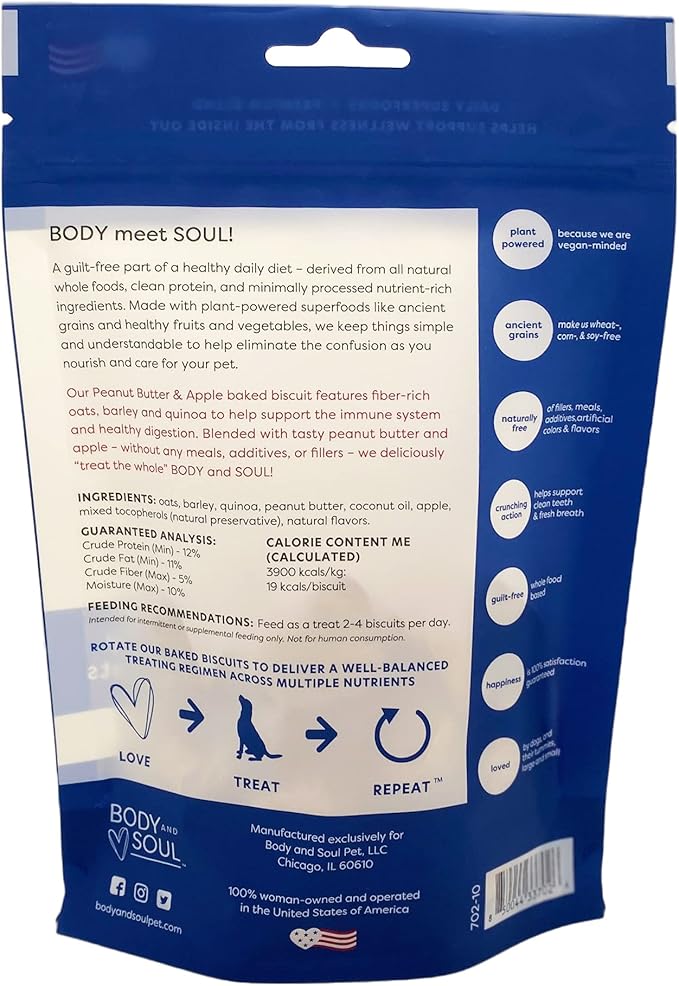 Body and Soul Peanut Butter + Apple Crunchy Dog Treats - Superfood Biscuits Baked with Oats Barley & Quinoa - All-Natural Plant Based Clean Protein, No Additives or Fillers - Made in USA 2 Pack (20oz)