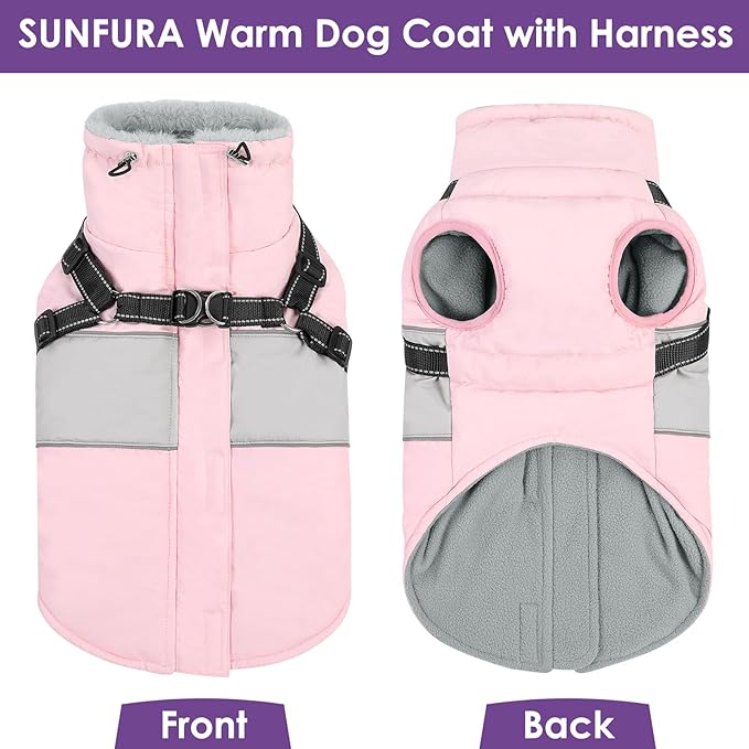 SUNFURA Dog Coat, XXXL Dog Jacket Winter with Harness Built in, Waterproof Pet Snow Jacket with Furry Collar for Chilly Day, Reflective Fleece Snowsuit for Extra Large Dogs, Pink 3XL