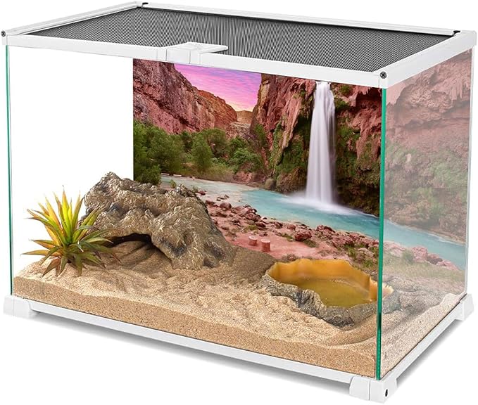 AWERT 36x24 inches Reptile Habitat Background Sunset Mountain Waterfall Terrarium Background