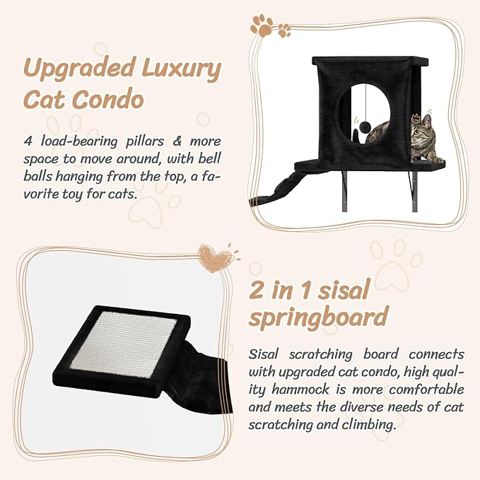 7-in-1 Wall Mounted Cat Climber Set, Cat Furniture with House, Tunnel, Bridge, Steps, Scratcher, Hammock, Shelves for Indoor, Black