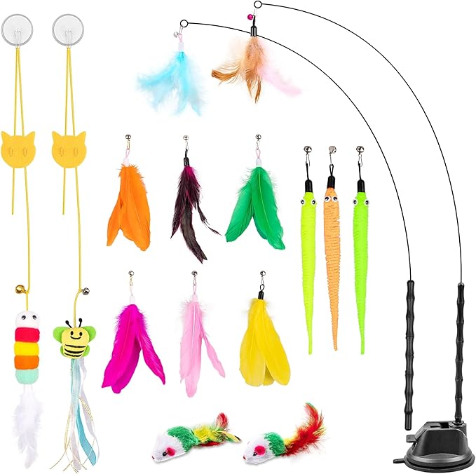Depets Cat Wand Toy, 15 Pcs Interactive Cat Feather Toys for Indoor Self Play & Exercise, 2 Play Modes Kitten Teaser Wand, Reusable Suction Cup Kitten Toys