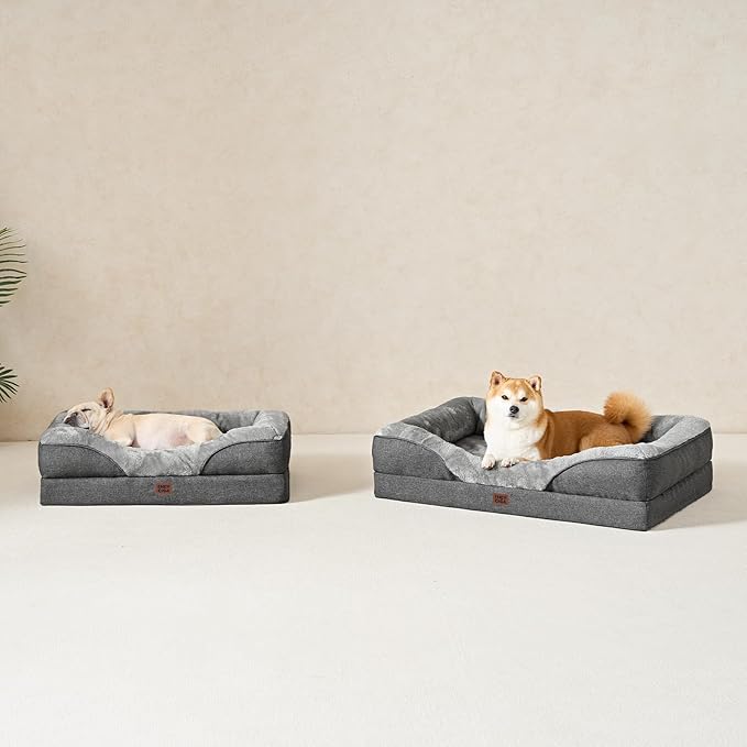 EHEYCIGA Memory Foam XL Dog Bed for XLarge Sized, Extra Large Orthopedic Dog Sofa with Sides and Waterproof Liner, Washable Bolster Pet Couch with Removable Cover, 48x35x7.5 Inch, Grey