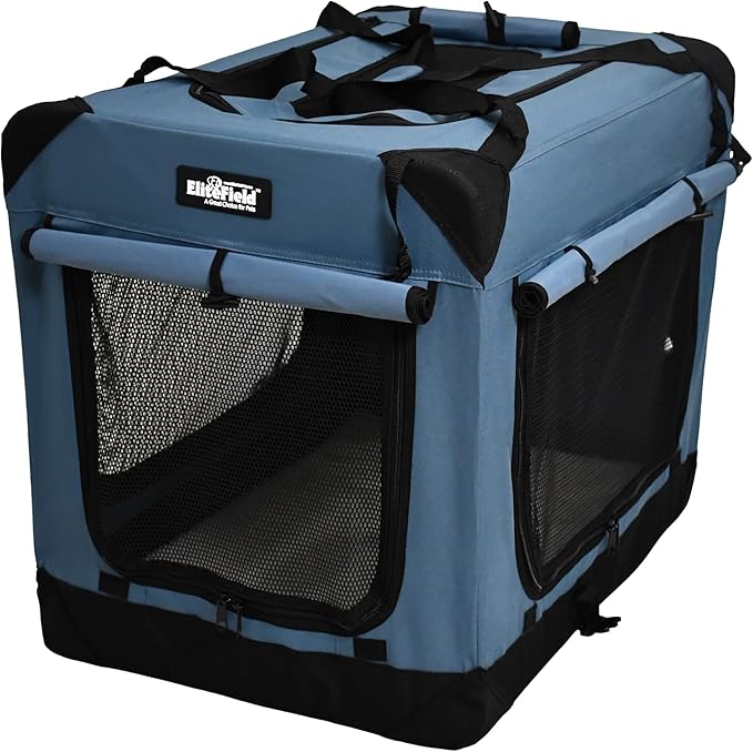EliteField 4-Door Folding Soft Dog Crate with Curtains, Carrying Bag and Fleece Bed (2 Year Warranty), Indoor & Outdoor Pet Home (20" L x 14" W x 14" H, Blue Gray+4 Door Curtains)