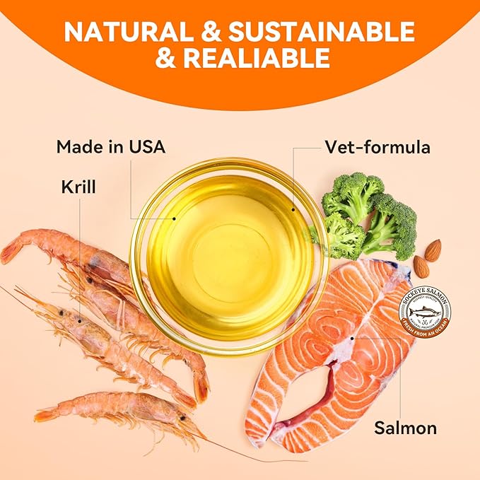 Krill and Salmon Oil for Dogs & Cats for Healthy Skin and Coat, 25% Max Omega 3 for Dog Fish Oil Supplement with EPA & DHA, Vitamin A, E for Dry Skin, Itchy & Allergy Skin Relief -8 oz, Liquid