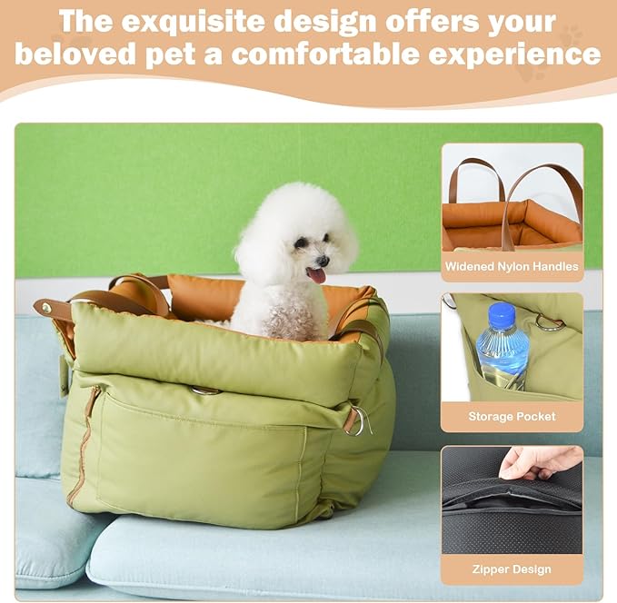 Dog Car Seat for Large Dogs, Large Leather Dog Car Bed with Storage Pocket, Waterproof PVC Leather Booster Seat Travel Bed for Front & Back Seat, Clip-On Safety Leash (Green/Brown)