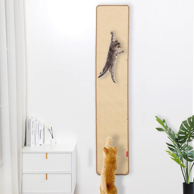 66.93x13.38x0.32 inch Thickened Cat Wall Scratcher Carpet, Cat Climbing Wall, Durable Cat Wall Furniture, Tall Cat Scratching Post, Wall Scratchers for Indoor Cats Sofa Protector (Brown-Velcro Strap)