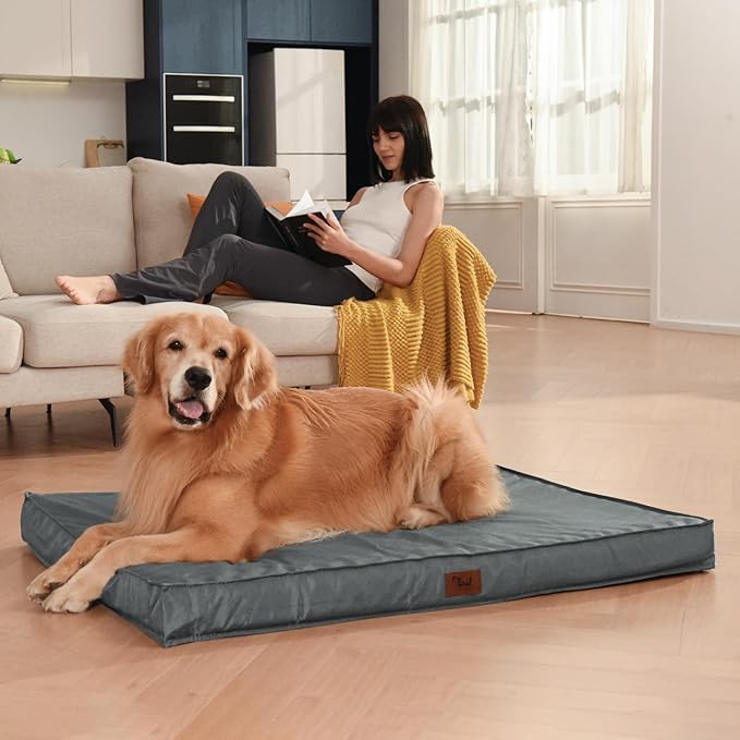 Outdoor Extra Large Dog Bed, Jumbo Waterproof Dog Bed for Large Dogs, Orthopedic Egg Crate Foam Pet Mat with Removable Oxford Cooling Cover, Grey