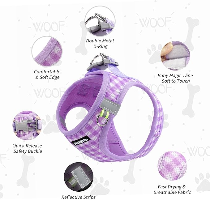 AIITLE Small Dog Harness with Leash – Soft Breathable Mesh, Plaid Pattern & Reflective Strips – Ideal for Training, Running & Party Outings (S, Purple)
