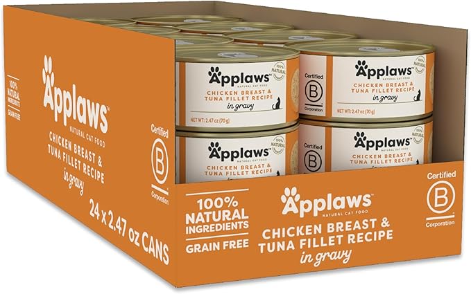 Applaws Natural Wet Cat Food in Gravy, Made with Limited and Natural Ingredients, No Artificial Additives, High Protein, Chicken & Tuna in Gravy (24 x 2.47oz Cans)