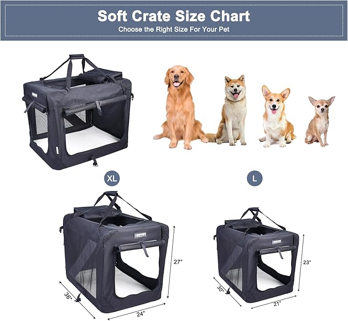 JESPET 30'' Soft Dog Crates Kennel for Pets, 3 Door Soft Sided Folding Travel Pet Carrier with Straps and Fleece Mat for Dogs, Cats, Rabbits, Grey Blue, Beige & Black (30?�L x 21?�W x23??H, Black)