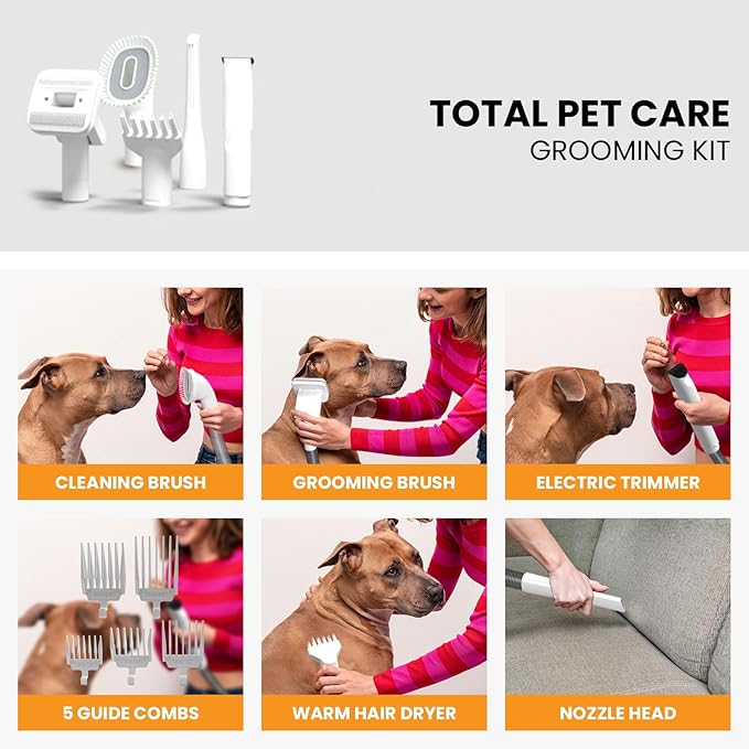 FurCare Pro 3-in-1 Grooming Kit with Vacuum Suction (99%) - Pet Dryer, Professional Clippers & Efficient Grooming Tools, 4L Dust Cup, Low Noise, Ideal for Dogs, Cats, and More