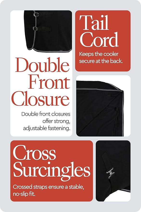 HORZE Kiel Fleece Horse Cooler Blanket | Quick-Dry Fleece Horse Cooler Sheet with X-Surcingles & Tail Cord - Black - 69 in