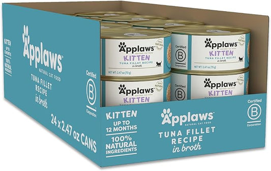 Applaws Natural Wet Kitten Food in Broth, Limited Ingredient Canned Wet Kitten Food, No Additives, Made with Natural Ingredients, Tuna Fillet in Broth (24 x 2.47oz Cans)