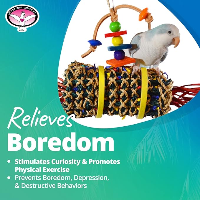 Super Bird Creations SB687 Firecracker Jr. Bird Toy - Foraging Chewing Swinging Toy for Parrots, Conures, Quakers, Pionus, Senegals - Natural Paper Shred Palm Leaves - Medium Birds, Size: 18" x 8"