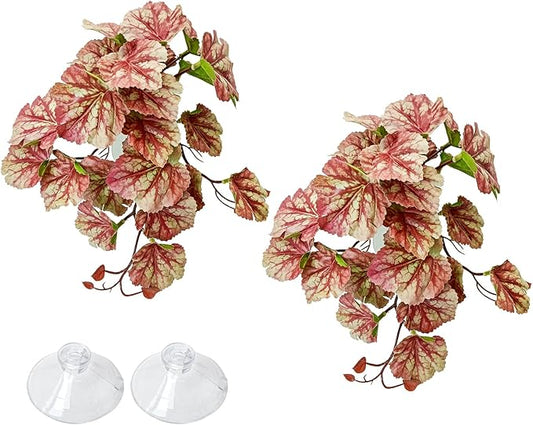 VCEPJH Reptile Plants with Suction Cup Amphibian Habitat Decor 2 Pcs Artificial Leaves for Terrarium Decor Crested Gecko Tank Accessories for Bearded Dragon, Lizard, Snake (Scarlet Saxifrage)