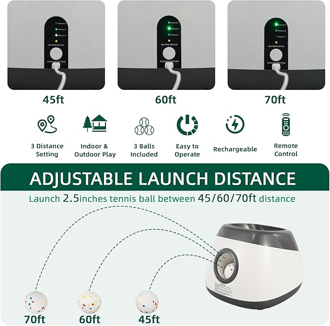 Elevon Dog Ball Thrower Launcher, Automatic Ball Launcher for Large Dogs, Interactive Dog Toy with Three Ranges, Includes 3 ETPU Balls and a Data Line, Suitable for Large Dogs, Gray/White