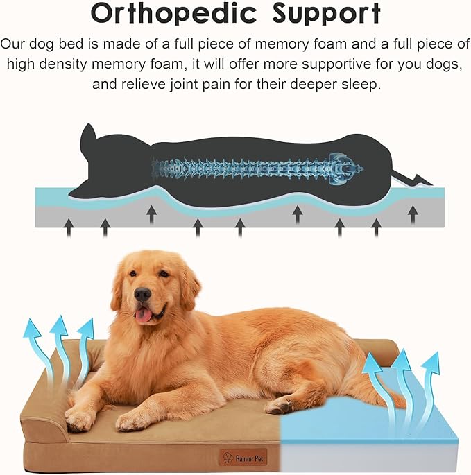 Orthopedic Dog Beds Large Sized Dog, Memory Foam Pet Bed for Large Dogs, Removable and Washable Microsuede Cover, TPU Waterproof Liner, Nonskid Bottom, 41x27x6 Inches, Khaki