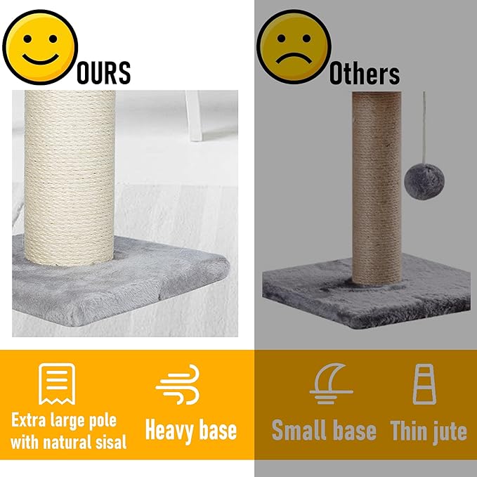 Dimaka Large Heavy Cat Scratching Post for Cats with 6" Wide Elevated Top Stand, Cat Tree Scratcher, 4.5" Dia. Big Sisal Rope Pole with 3 Teasing Balls, Extra Heavy Thick Stable Base (Grey)