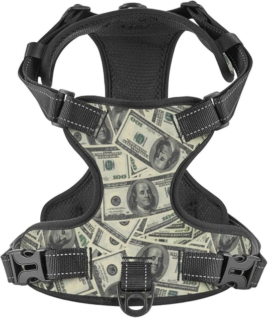 No Pull Dog Harness for X-Large Dogs Easy Walk Dog Vest Adjustable Collars Harnesses & Leashes Set Breathable Oxford Outdoor Walking Safety Reflective Strip Dollar Cash Prints