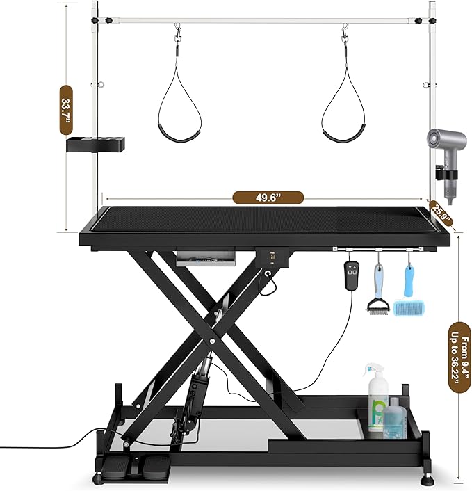 Upgrade Electric Pet Grooming Table Super Deluxe 50'' Heavy Duty Professional for Large Dogs with Overhead Arm, Anti-Skid Rubber Desktop Powerful Motor and Adjustable Height, Black