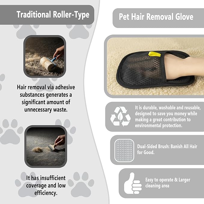 Pet Hair Removal Glove for Dogs & Cats,Reusable Electrostatic Glove for Clothes,Couch,Carpets,Car Seat,Individually Wrapped 2 Pack Black,S