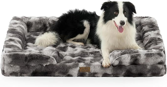 Faux Fur Orthopedic Dog Bed, XL Pet Couch for Large Dog, Big Supportive Foam Bolster Sofa with Waterproof Lining Cover, Anti-Slip, Soft, Warm, Washable, C-Shaped, 44x32x7 inch, Tie-dye Grey