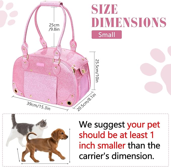 PetsHome Dog Carrier Purse, Pet Carrier, Cat Carrier, Bling Waterproof Premium Leather Pet Travel Portable Bag Carrier for Cat and Small Dog Home & Outdoor Small Bling Pink