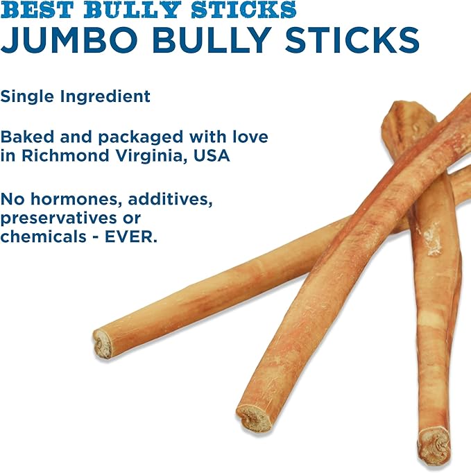 Best Bully Sticks Natural Jumbo Bully Sticks for Large Dogs - 12 Inch, 10 Count (Pack of 1) - 100% Free-Range Grass-Fed Beef, Single-Ingredient, Grain and Rawhide Free Long Lasting Dog Chews