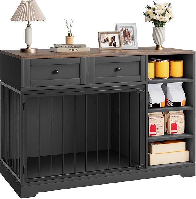 Dog Crate Furniture 47?? Large Dog Crate TV Stand with 2 Drawers and 4 Shelves, Wooden Dog Kennel Indoor, Decorative Dog Cage with Storage for Large Dogs, Black