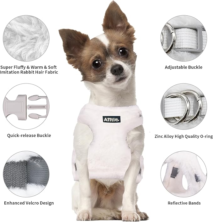 AIITLE Fleece Lined Dog Harness and Leash Set for Walking - Winter Step in Vest Harness,Reflective Bands, Adjustable No Choke Pet Supplies, for Small Dogs and House Cats White XS