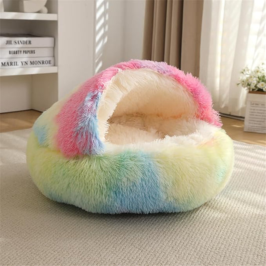 Nest Bed - Lapcatz Cat Beds for Indoor Cats, Fluffy Cat Bed Cave Plush Warm Nest for Cats (Rainbow,XXL 32"x32")