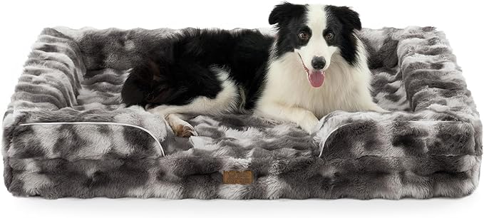 Faux Fur Orthopedic Dog Bed, XL Pet Couch for Extra Large Dog, Big Supportive Foam Bolster Sofa with Waterproof Lining Cover, Anti-Slip, Soft, Warm, C-Shaped, 48x35x8 inch, Tie-dye Grey