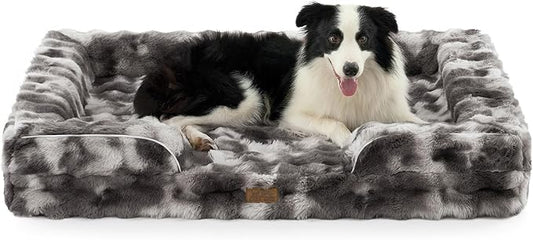 Faux Fur Orthopedic Dog Bed, XL Pet Couch for Extra Large Dog, Big Supportive Foam Bolster Sofa with Waterproof Lining Cover, Anti-Slip, Soft, Warm, C-Shaped, 48x35x8 inch, Tie-dye Grey