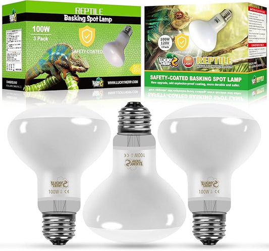 LUCKY HERP New Upgrade 3 Pack 100W Reptile Heat Lamp Bulb (3nd Gen, Safer), Amphibian UVA Heat Light Bulb, Reptile Basking Daylight Spot Lamp Bulb for Bearded Dragon, Lizard, Tortoise Heating Use