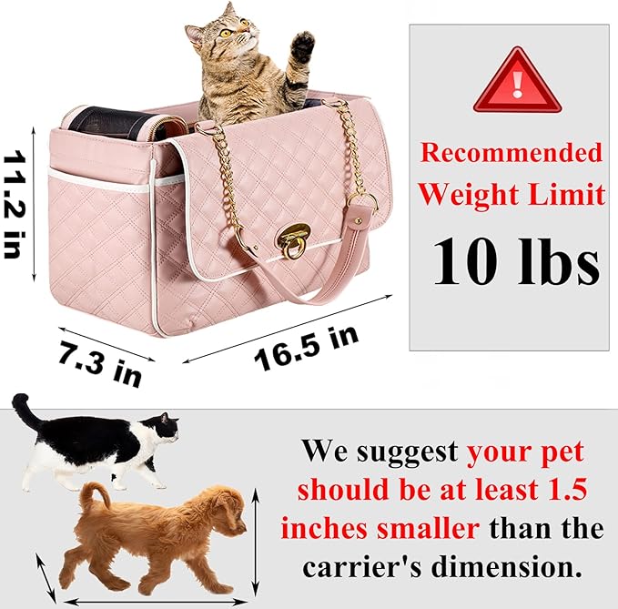 Fashion Dog Purse Carrier for Small Dogs with 2 Super-Large Pockets, Holds Up to 10lbs PU Leather Pet, Cat Carrier, Airline Approved Puppy Purse for Travel (Pink, Small Size)