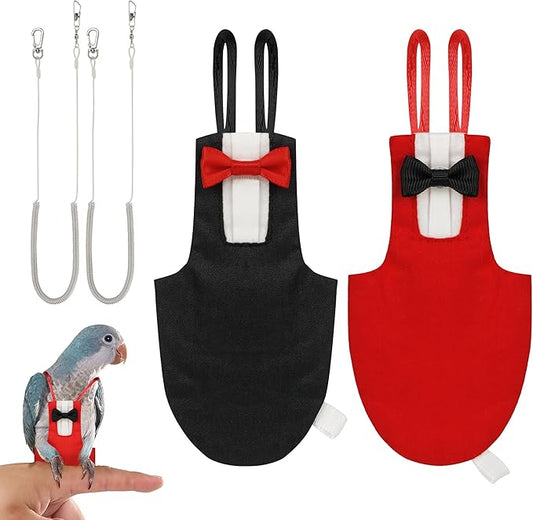 Bird Diaper Parrot Flight Suit Reusable Parrots Nappies, Bird Harness, for Budgerigars, Cockatiels and Other Small Birds (Red+Black, Two Flight Lines)