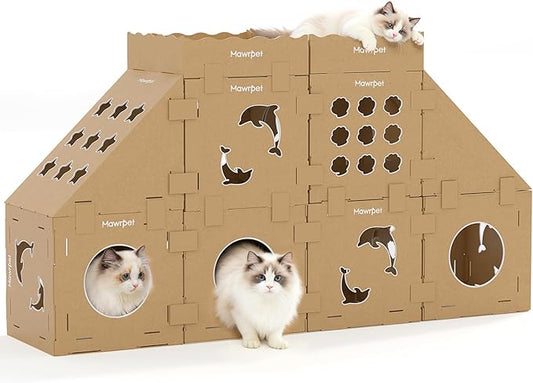 DIY Cat Scratcher Cardboard House, Clawsable Cat Play House, a Versatile Box, Indoor Kitty Scratcher Hideout for One or More Cats Brown, Cat Tower Castle Tunnel 10 Parts