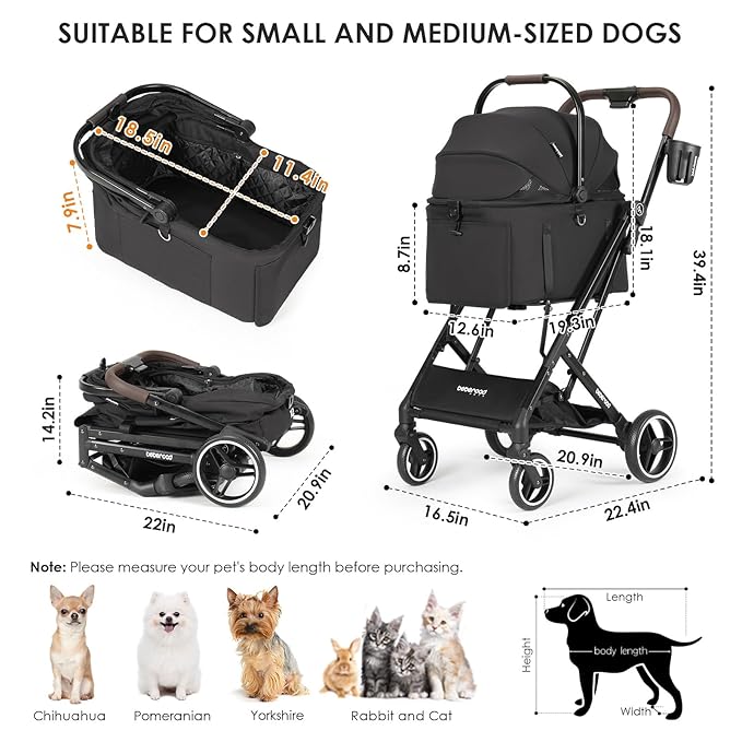 X2 Pet Stroller, Dog Cat Stroller for Small Pets, Equipped with Detachable & One-Click Folding Carrier, Waterproof Pad & Sunshade Canopy,Black