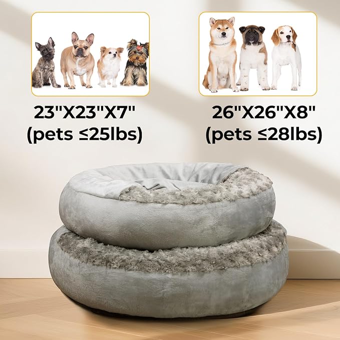 Cave Dog Bed with Blanket Donut Round Plush Cozy Cat Pet Bed for Puppy Machine Washable Removable Cover Cat Anti-Slip Bottom Gray 26X26X8 inch