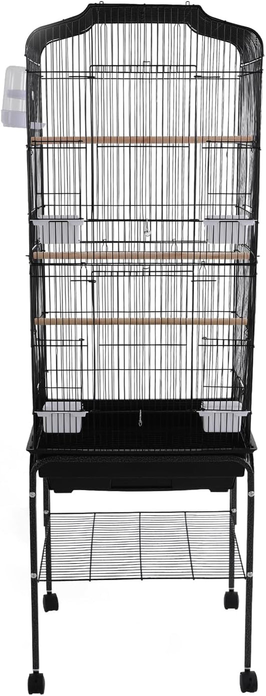 Freestanding Bird Cage Large Bird Cage with 4 Feeding Bowls & Waterer & 4 Universal Wheels & 2*Brake & Storage Rack & Slide-Out Tray & Mesh Panel Budgie Aviary for Balconies, in Homes, Shop（Black）