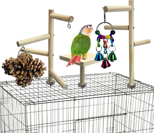 PINVNBY 3 PCS Wooden Small Bird Playground for Top of Cage, Wood Parrot Stands Perch Birds Gym with Hanging Chewing Toys Bird Cage Accessories for Parakeet Conure Love Birds Budgie
